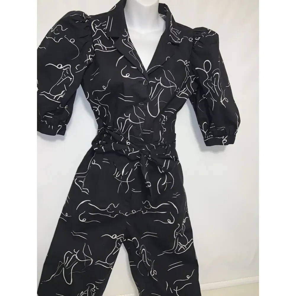 LHD Black Women’s Sz 8 All Over Ladies Figure Graphic Print Puff Sleeve Jumpsuit - Picture 2 of 8